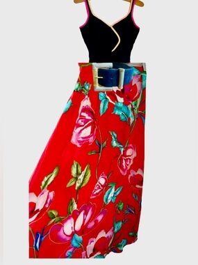 Simons Red Floral Pleated Maxi Skirt ECOVERO Viscose Boho Cottagecore